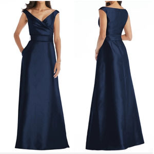 Alfred Sung Midnight Blue Satin Twill Off Shoulder Maxi Dress Sz 14 NWT